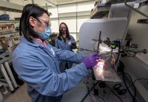 Guosong Zeng (left), a postdoctoral scholar, and Francesca Toma, a staff scientist, both in Berkeley Lab’s Chemical Sciences Division, test an artificial photosynthesis device made of gallium nitride. Toma and Zeng discovered that the device, rather than degrading over time, improves with use. (Credit: Thor Swift/Berkeley Lab).