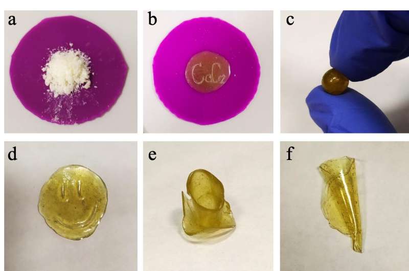 Mechanical treatment of mitranol-based polymers: a - primary polymer as white powder; b - melted polymer, c-f - various forms of the polymer after being melted repeatedly. Credit: SPbU