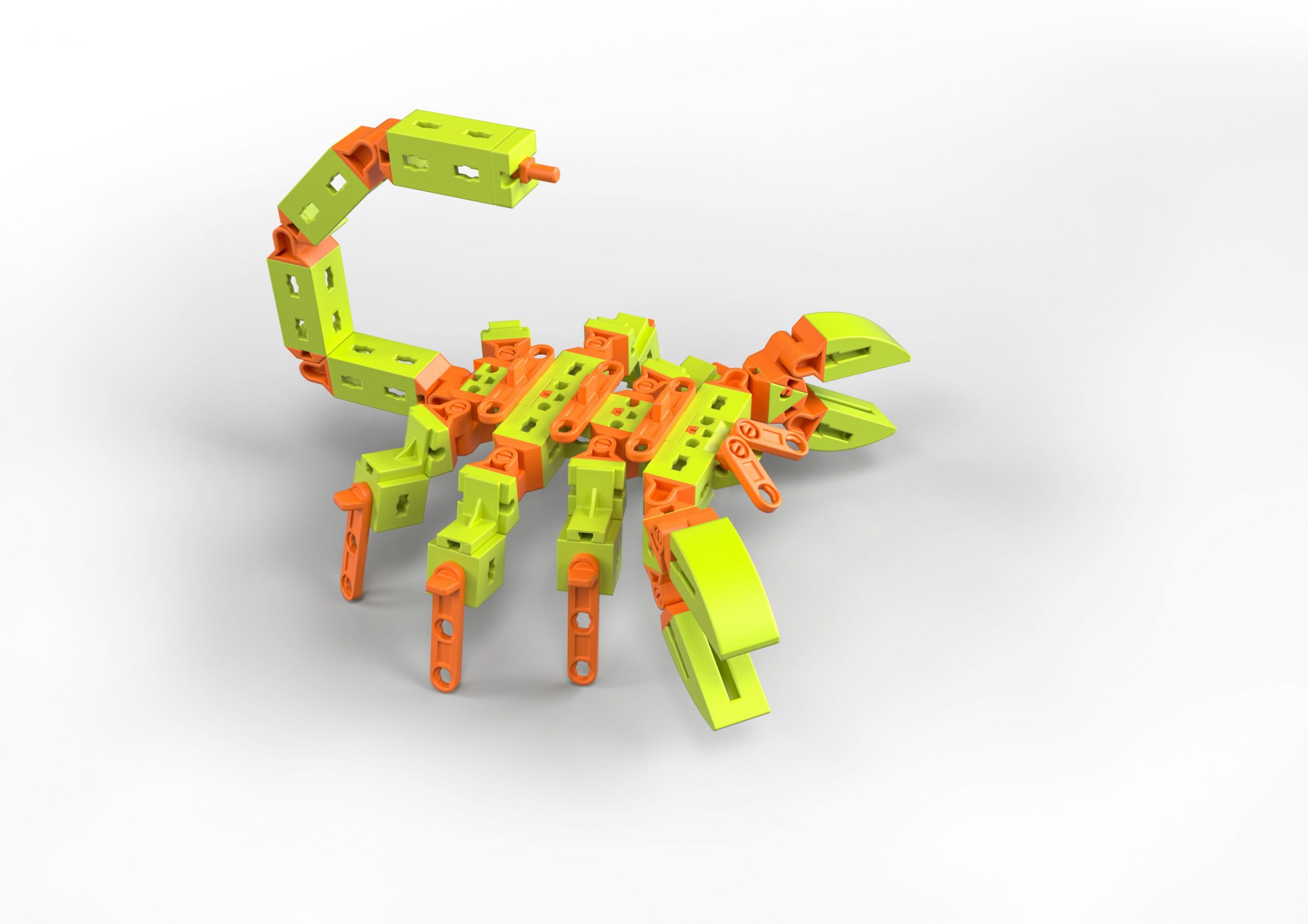 The Sandy the scorpion model from the fischertechnik Animal Friends construction kit. The building blocks consist of 60 per cent renewable resources.