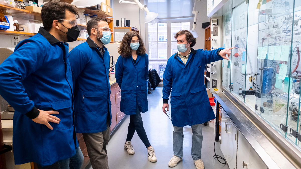 A UNC-Chapel Hill team, from left, Frank Leibfarth, Erik Alexanian, Eliza Neidhart and Austin Miller, collaborated on a method to modify traditionally unreactive carbon–hydrogen bonds to develop easier to recycle polymers. Not pictured Timothy Fazekas and Jill W. Alty