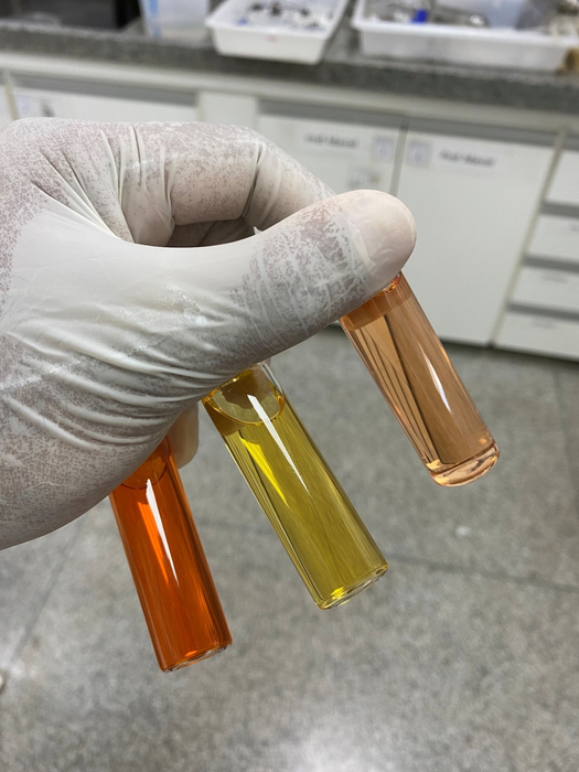 The process is sustainable (right to left: flasks containing astaxanthin, beta-carotene, and a blend of both pigments extracted from P. rhodozyma yeast)
