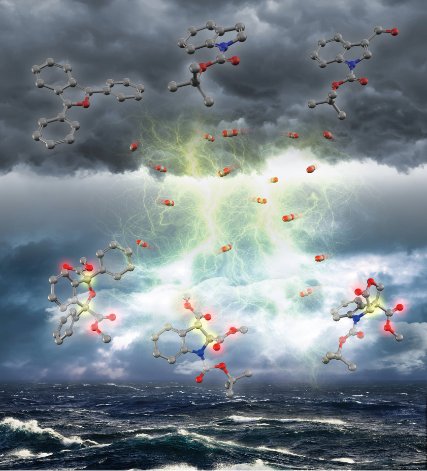 Artistic depiction of electricity enabling the addition of CO2 to heteroaromatic compounds