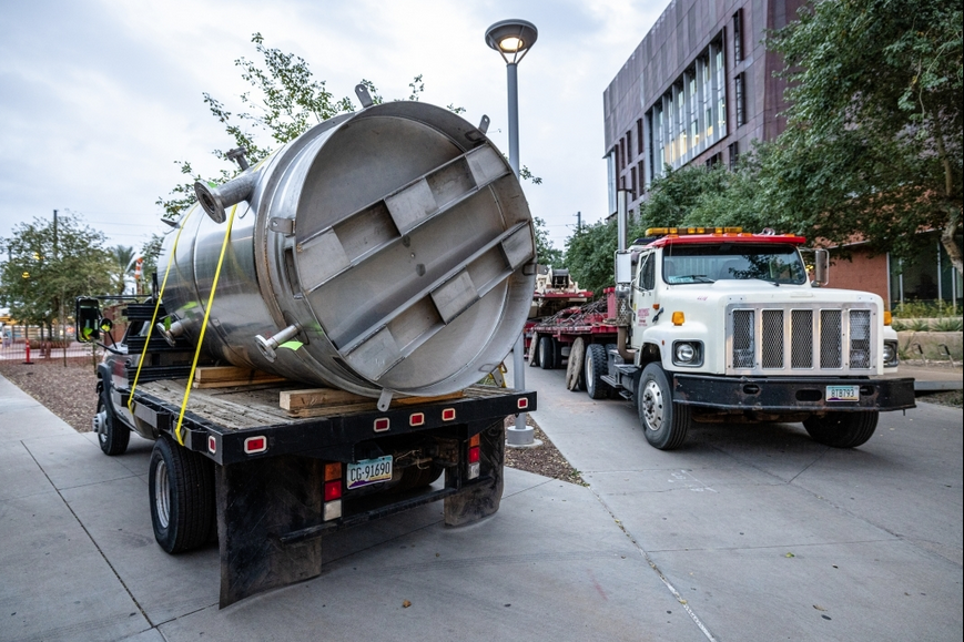 The drum, or canister, that will hold the base of the MechanicalTree arrives to the installation site on the Tempe campus Feb. 16. It is based on the research of ASU engineer Professor Klaus Lackner, who has been working with Carbon Collect Ltd. The Irish company has taken Lackner’s pioneering ideas and will make commercially available devices for the removal of carbon dioxide from the air.