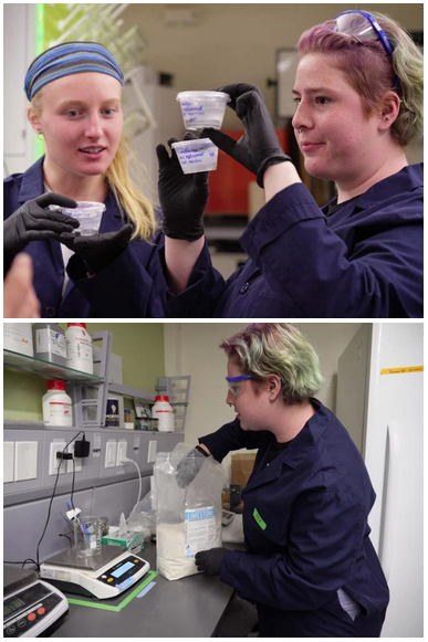 Students working in the Living Materials Laboratory, which utilizes calcifying microalgae to produce limestone and create a carbon neutral cement, as well as cement products which can slowly pull carbon dioxide out of the atmosphere and store it. 