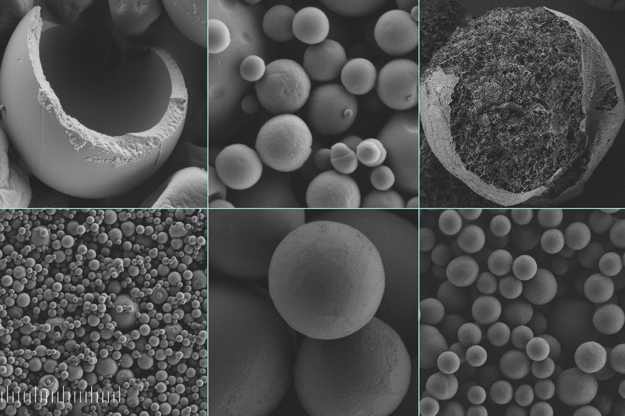 These scanning electron microscope images show silk-coated microcapsules containing vitamin C, at different scales of detail. On the left, and top center, samples made by spray drying, a method already widely used in industry. On the right and at bottom center, samples made by ultrasonic spray freeze drying, a method used by the researchers to reveal greater detail of the process involved.