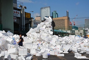 Used polystyrene boxes at Tsukiji fish market.