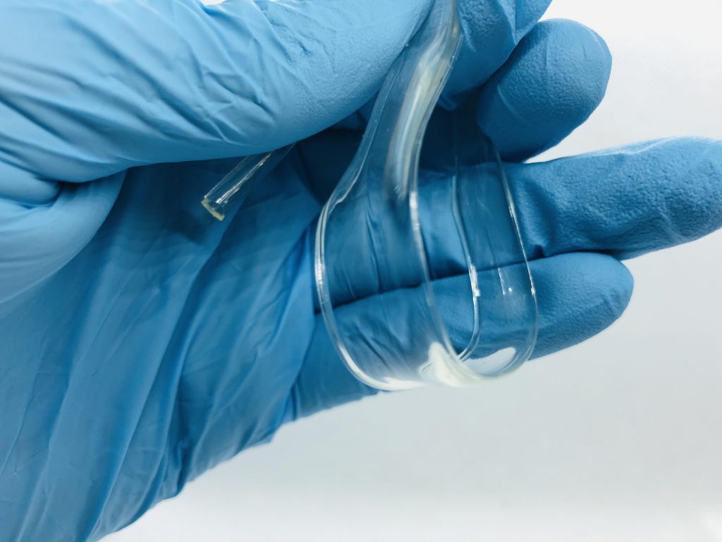 Highly transparent and flexible strand of the bioplastic.