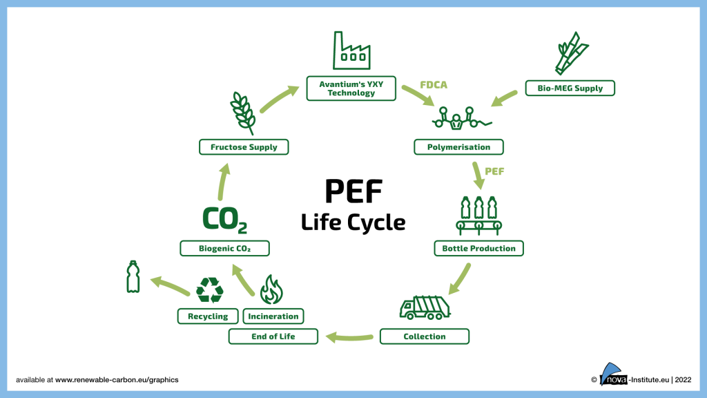 PEF Life Cycle from CO₂ capture through plants that serve as feedstock for production to recycling/incineration