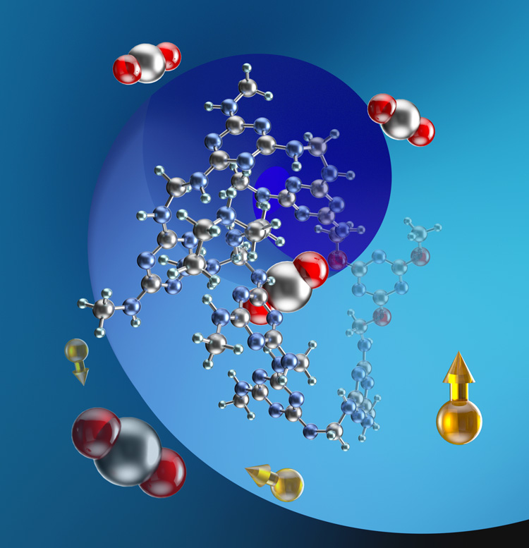 UC Berkeley researchers developed a brand-new family of sustainable, scalable, solid-state materials — polyamine-appended, cyanuric acid-stabilized, melamine nanoporous networks — that spontaneously adsorb CO2 for carbon capture and storage. In the graphic, carbon dioxide molecules (carbon in silver, oxygen in red) interact with amines in the material (nitrogen in blue, hydrogen in green), allowing the material to adsorb the gas from smokestack emissions. The yellow balls with arrows represent carbon-13 isotopes and their nuclear spins, which were employed in NMR studies of the material.