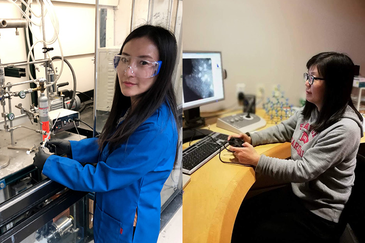 Haiyan Mao, left, studied the new material using solid state nuclear magnetic resonance at UC Berkeley. Jing Tang did AC-HAADF-STEM atomic resolution imaging of the new materials in Berkeley Lab’s Molecular Foundry. 