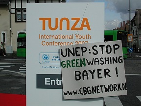 UNEP Stop Greenwashing Bayer demonstration in Leverkusen. Photo: Philipp Mimkes, Wikimedia Commons.