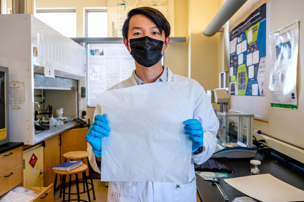 UBC researcher Dr. Feng Jiang has developed a cellulose film that looks like plastic and behaves like plastic—but is biodegradable.