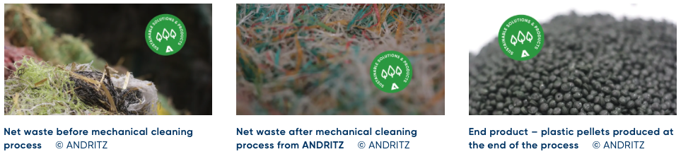 Left picture: Net waste before mechanical cleaning process. Middle picture: Net waste after mechanical cleaning process from ANDRITZ. Right picture: End product – plastic pellets produced at the end of the process