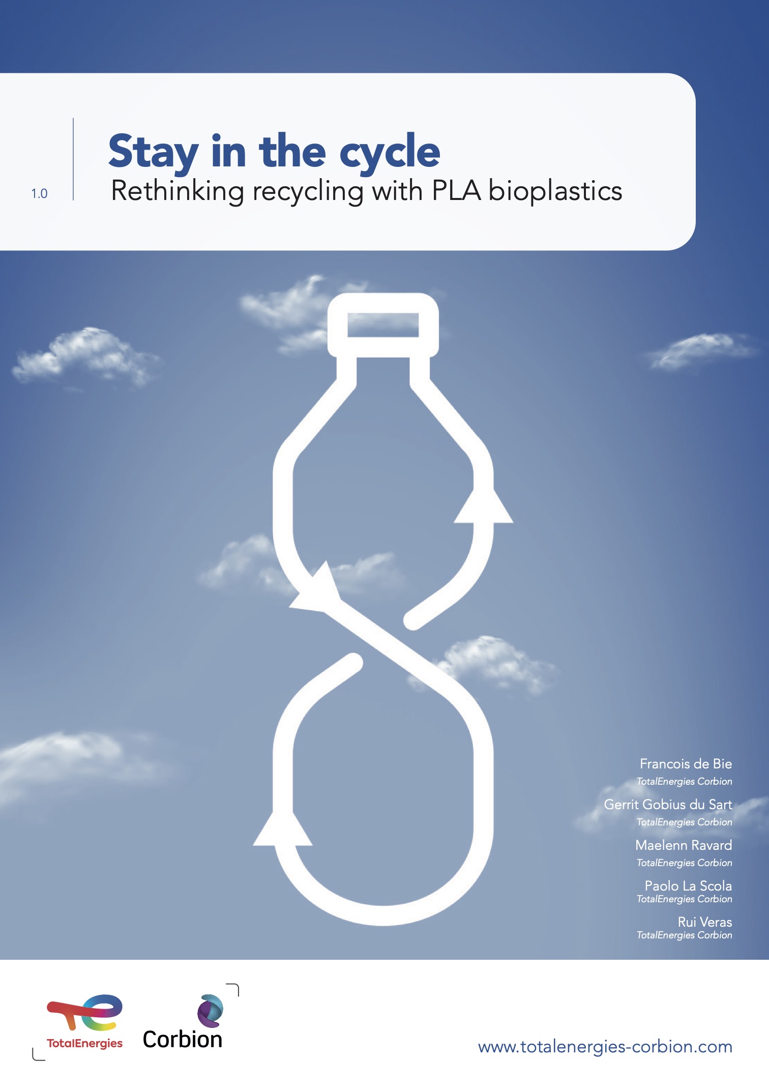 Cover of the TotalEnergies Corbion white paper: Stay in the Cycle, rethinking recycling with PLA bioplastics.