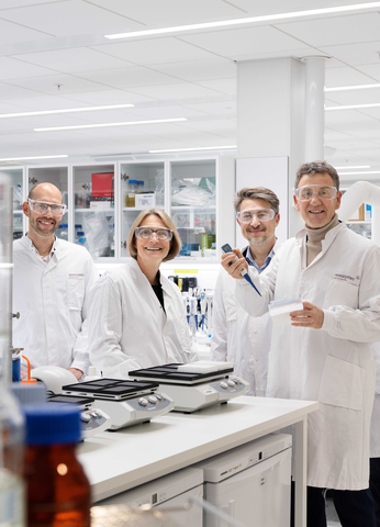 (L-R) Hans Ole Klingenberg, Vice President, Marketing Agricultural & Industrial Biosolutions, Novozymes; Tina Sejersgård Fanø, Executive Vice President, Agricultural & Industrial Biosolutions, Novozymes; Emmanuel Ladent, CEO, Carbios; Alain Marty, Chief Scientific Director, Carbios(Photo: Business Wire)