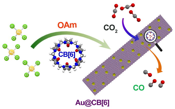A gold-based hybrid material (Au@CB[6]) is modified by CB[6] in order to efficiently convert CO2 to CO.