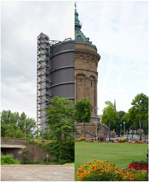 Sind Wahrzeichen der Standorte von Fraunhofer UMSICHT und FUCHS: Der Gasometer in Oberhausen (links) und der Wasserturm in Mannheim.
