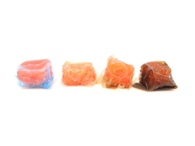 
Seafood samples wrapped in traditional blue plastic film and different types of active biofilm

