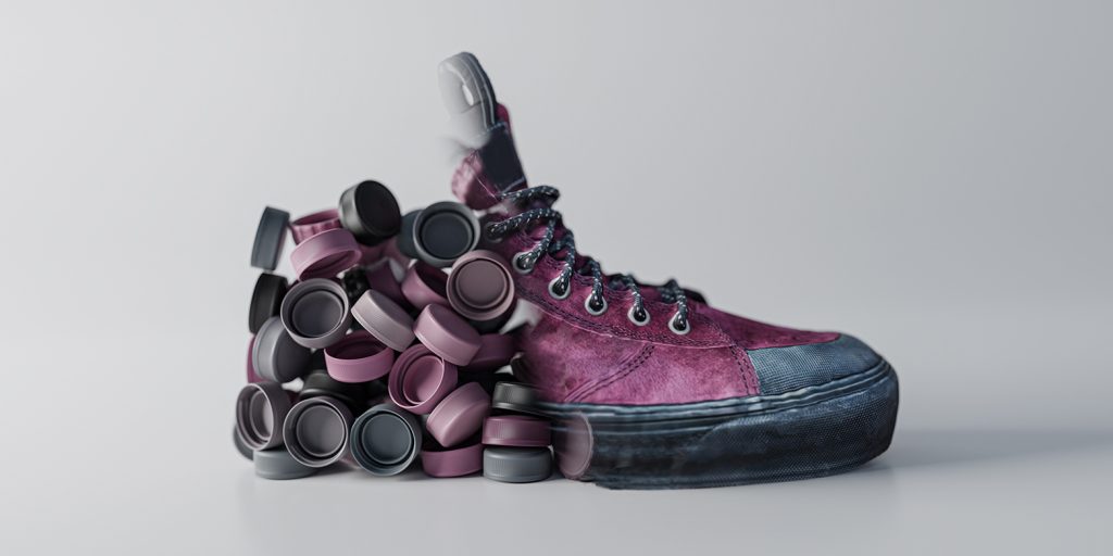Ein recycelter Schuh aus dem ökologischen Konzept der stiefellosen Kappen - ein abstrakter Querschnitt eines Schuhs mit Flaschenverschlüssen - 3D-Rendering