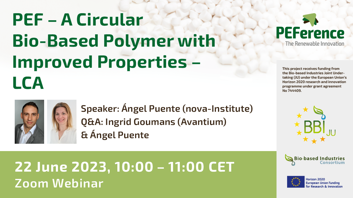 Webinar banner with portraits of Angel Puente and Ingrid Goumans, in the background white plastic pellets