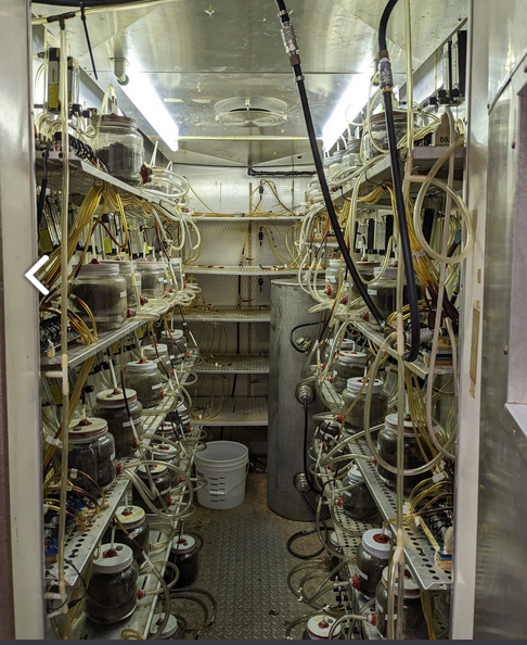 Inside this conditioned chamber in Rafael Auras’ lab at Michigan State University, researchers can regulate composting conditions, including temperature, humidity and airflow, while measuring the carbon dioxide produced by microbes as they digest materials in the bioreactors. 