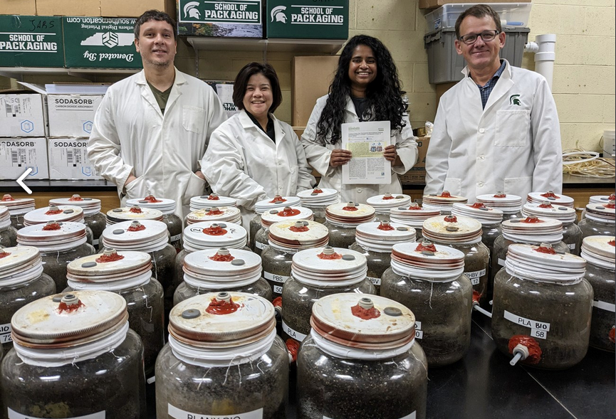 The team behind a new compostable bio-based plastic developed at Michigan State University includes, from left to right, postdoctoral researcher Anibal Bher, doctoral students Wanwarang Limsukon and Pooja Mayekar, and Rafael Auras, Amcor Endowed Chair in Packaging Sustainability. 