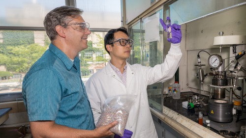 Using a process called hydroformylation, Professor George Huber (left) and postdoctoral researcher Houqian Li are able to recover the olefins in an oil made from waste plastic and transform them into high-value chemicals
