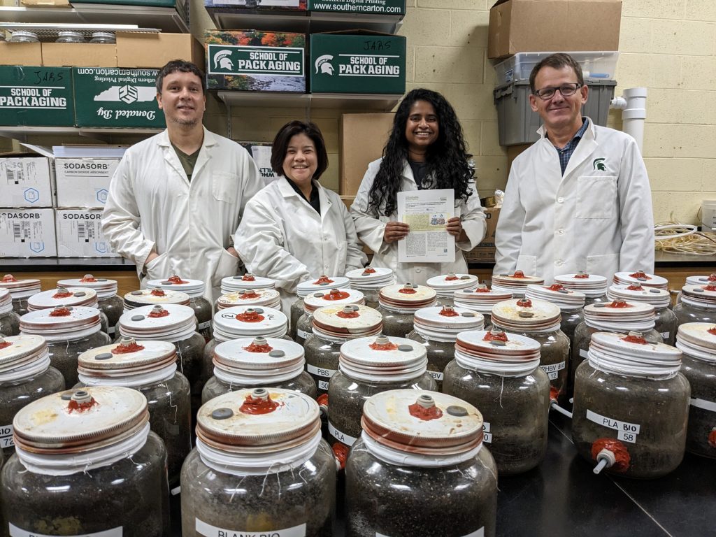 The team behind a new compostable bio-based plastic developed at Michigan State University includes, from left to right, postdoctoral researcher Anibal Bher, doctoral students Wanwarang Limsukon and Pooja Mayekar, and Rafael Auras, Amcor Endowed Chair in Packaging Sustainability
