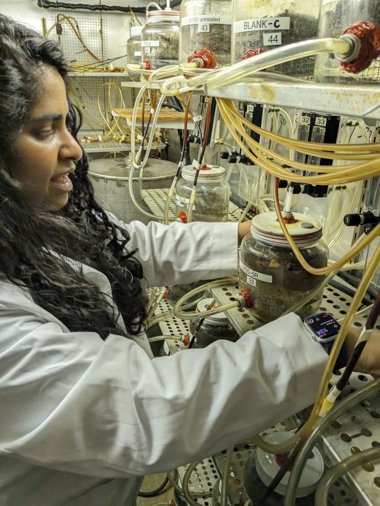 Michigan State University doctoral student Pooja Mayekar explains the experiments the team conducted to show how well its compostable polymers composted