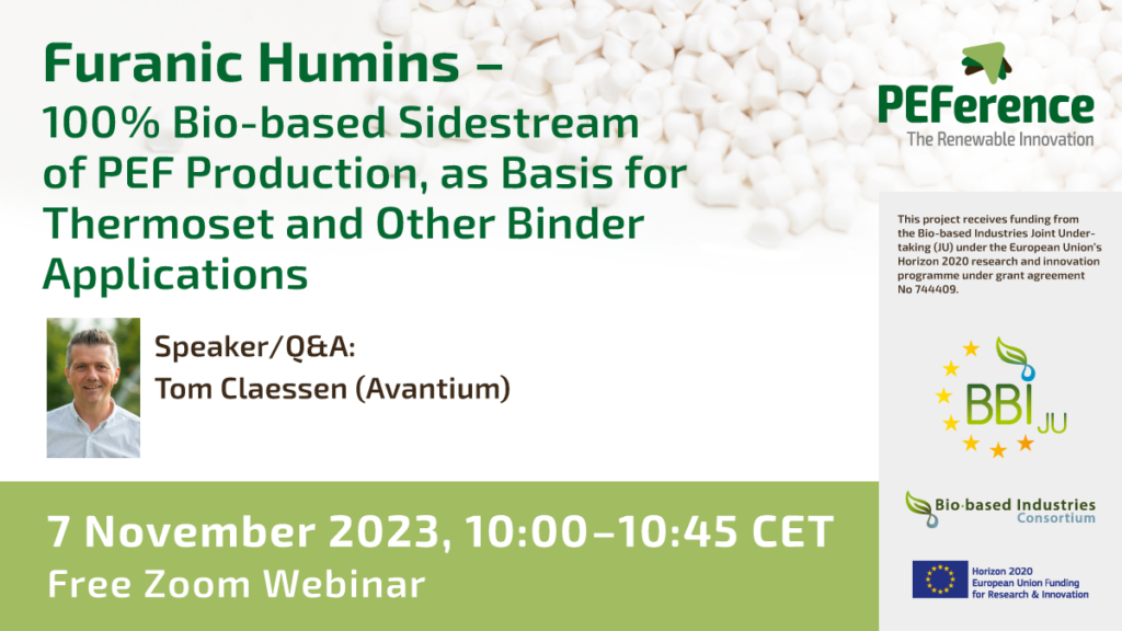 PEFerence webinar banner with white plastic pellets in the background, green colors and the portrait picture of a happy Tom Claessen, the speaker (Avantium)