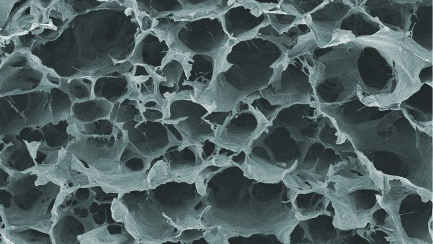 The typical airy structure of aerogel (Electron microscopy, colored)