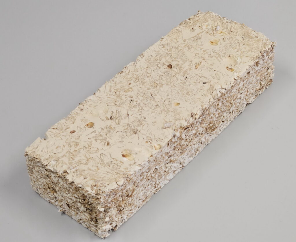 Mycelium-based composite material (25 x 9 x 5.5 cm) made from straw, husks and starch. The biogenic substrate was 3-dimensionally intergrown and bound by the mycelium of the fungus Ganoderma resinaceum and the composite was then heat-dried and sanded.