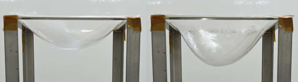 Industrial manufacturing requires a high degree of melt tension, which can be demonstrated by how little a material sags when being warmed up. LAHB-added polylactic acid (left) sags much less than pure polylactic acid (right), proving that it is a better processable material. © KOH Sangho (CC BY)