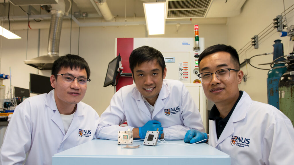 Asst Prof Lum Yanwei (centre), Dr Wang Bingqing (left), and Mr Wang Meng (right) from NUS Dept of Chemical and Biomolecular Engineering have developed an energy-efficient, cost-effective way to convert carbon dioxide from flue gas into value-added chemicals and fuels.