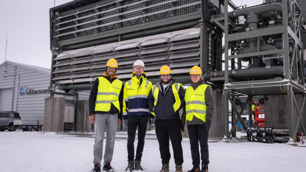 From left: Louis Uzor, Lead Standards & Certification at Climeworks; Martin Voigt, Head of MRV at Carbfix; Ali Daoud, Auditor at DNV; and Marianne Tikkanen, co-founder and Head of Standard at Puro.earth, at Climeworks’ Orca plant in Iceland