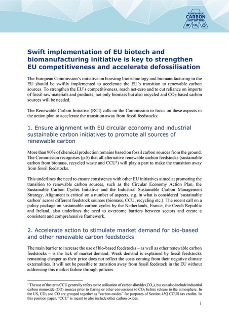 Publication of RCI’s Position Paper on “Swift implementation of EU biotech and biomanufacturing initiative is key to strengthen EU competitiveness and accelerate defossilisation” 