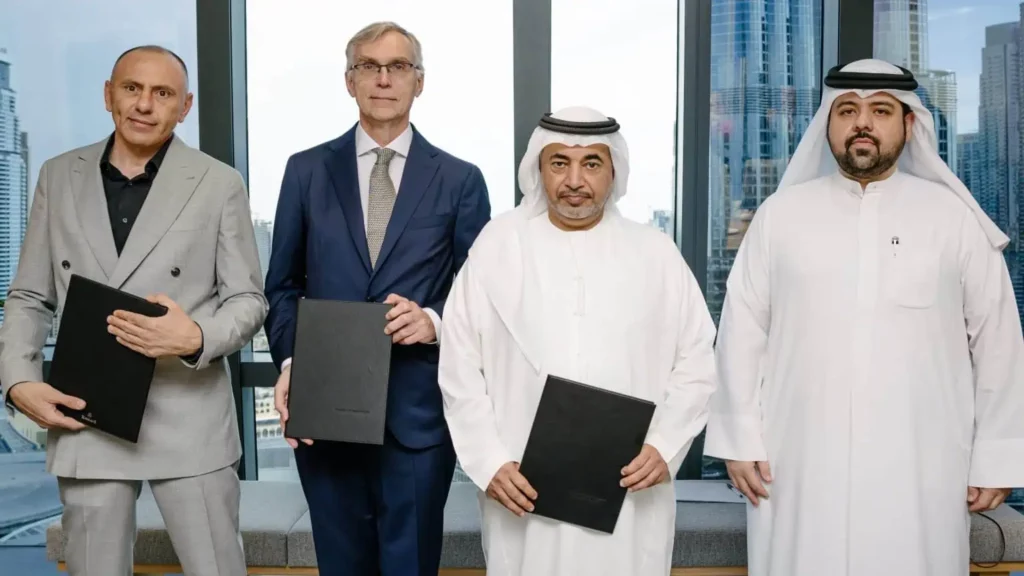 From left to right: Dr. Shadi Jabari, Marc Verbruggen – CEO of Emirates Biotech, Shaikh Suhail Ali Saeed Rashed Al-Maktoum and Hasan Hadi Saad Khalaf at Emirates Biotech headquarters in Dubai, UAE