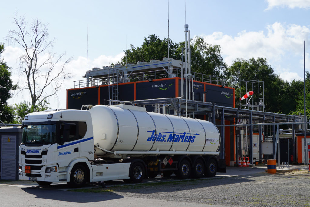 A fuel tanker truck in front of the pilot plant in Werlte, Germany. 