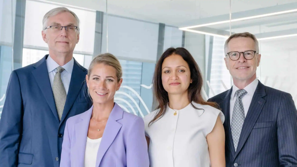 From left to right, Marc Verbruggen, CEO; Margrete L. Wie, Head of Finance; Aman Kulshrestha, CTO; François de Bie, CCO at Emirates Biotech headquarters in Dubai.