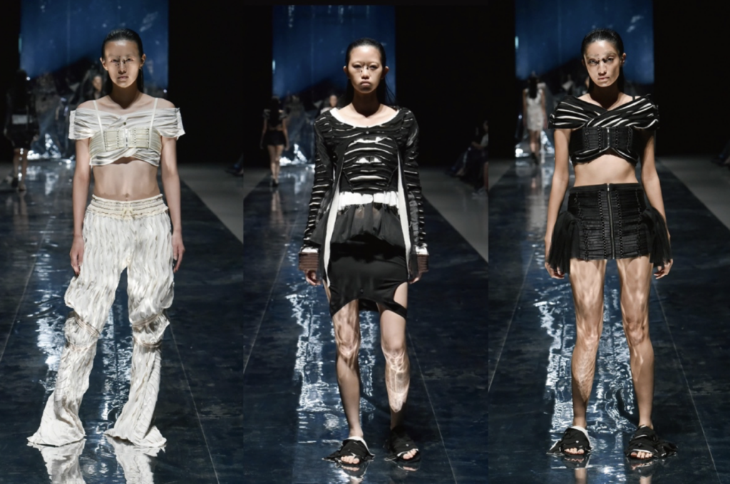 Another three outfits being presented at the Rakuten Fashion Week Tokyo Runway show