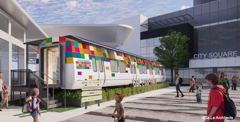 An artist’s impression of the CDL EcoTrain with colorful design and messages inspired by the 17 United Nations Sustainable Development Goals (UN SDGs)