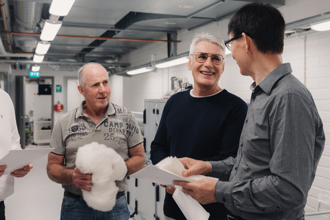 Blueair and Lanaco executives working on the wool filter in the Blueair lab in Stockholm, Sweden.