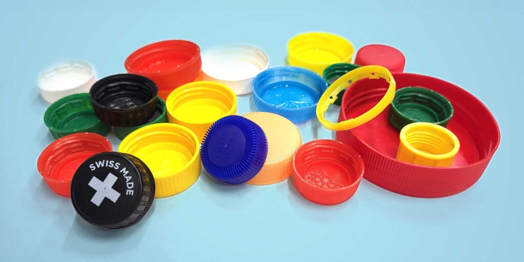 Most drink bottle caps are made of polypropylene. Along with polyethylene they account for 60 percent of all plastic waste.