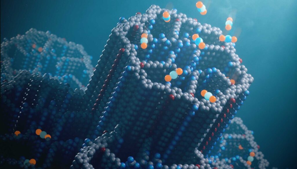 The new porous material for capturing carbon dioxide, called a covalent organic framework (COF), has hexagonal channels decorated with polyamines that efficiently bind carbon dioxide molecules (blue and orange balls) at concentrations found in ambient air
