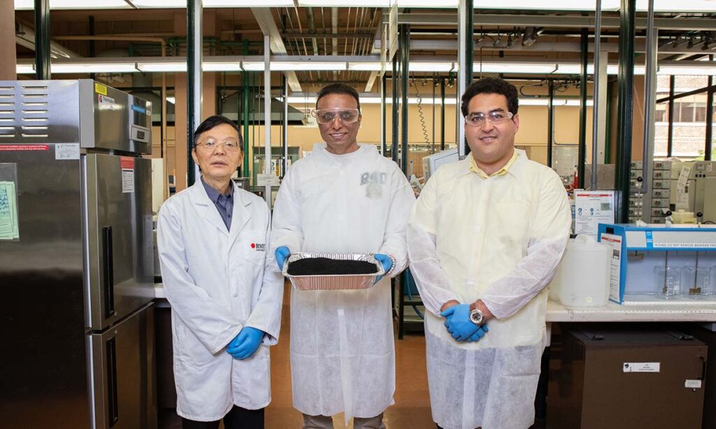 Professor Jie Li, Dr Rajeev Roychand and Dr Mohammad Saberian (left to right) with coffee biochar in their lab at RMIT University.