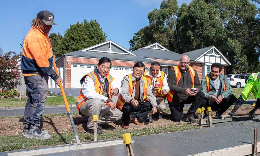 Council officers and the RMIT research team were present for the pour of the coffee concrete for the footpath trial in Gisborne. 