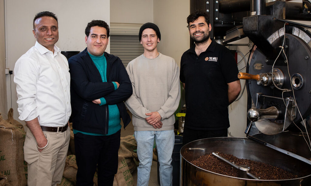 RMIT University researchers Dr Rajeev Roychand, Dr Mohammad Saberian and Dr Shannon Kilmartin-Lynch with Jordan Carter, Co-founder of the Indigenous-owned Talwali Coffee Roasters (pictured left to right). 