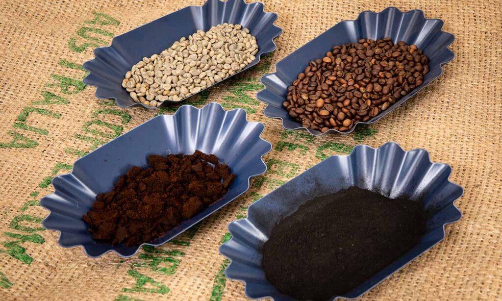 Samples of unroasted coffee beans, roasted coffee beans, spent ground coffee and the team’s coffee biochar.