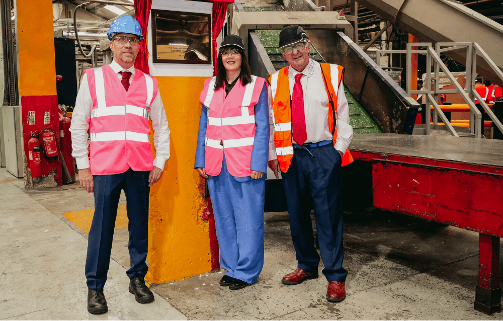 The completion of the upgrades to Amcor’s recycling facility in Heanor, Derbyshire, were commemorated with a ribbon-cutting ceremony led by local MP Linsey Farnsworth. The event celebrated a key milestone in the company’s investment in UK recycling infrastructure and commitment to circular packaging solutions. Photo (left to right): Gerald Rebitzer, Vice President Sustainability Operations & Advocacy at Amcor; Linsey Farnsworth, Labour MP for Amber Valley; Michael Baxter, Sustainability Director at Amcor
