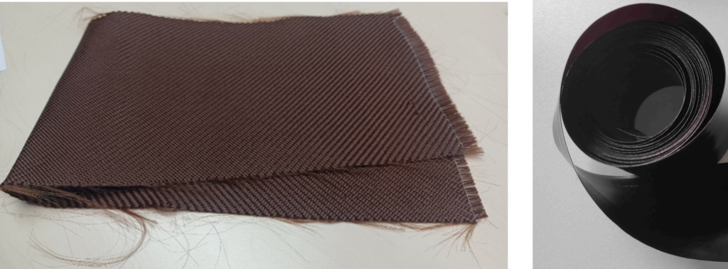 left: sample fabric and film made from a lignin-cellulose mixture - right: film for lamination onto the textile